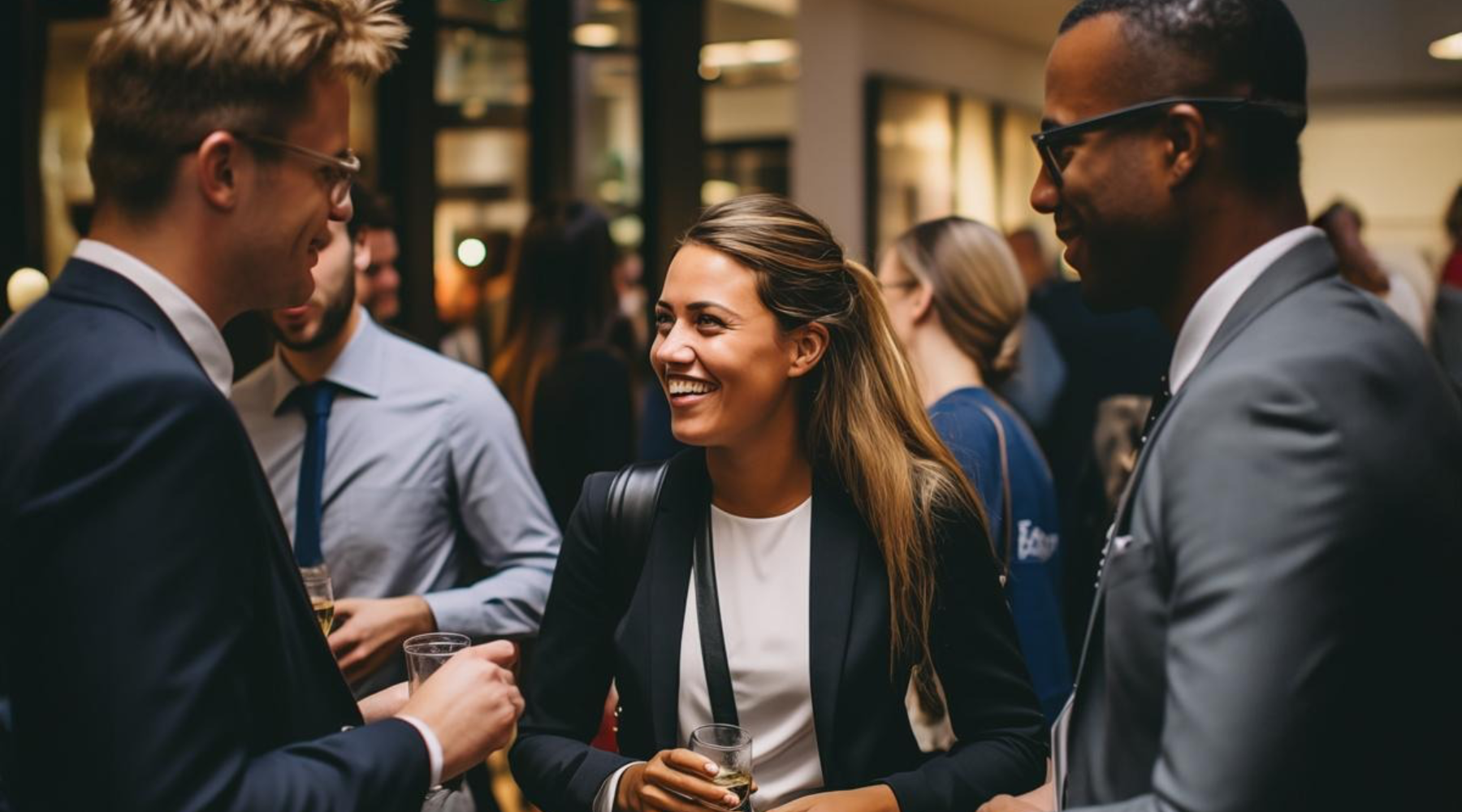 Legal professionals networking and building business relationships at an end-of-year corporate event.